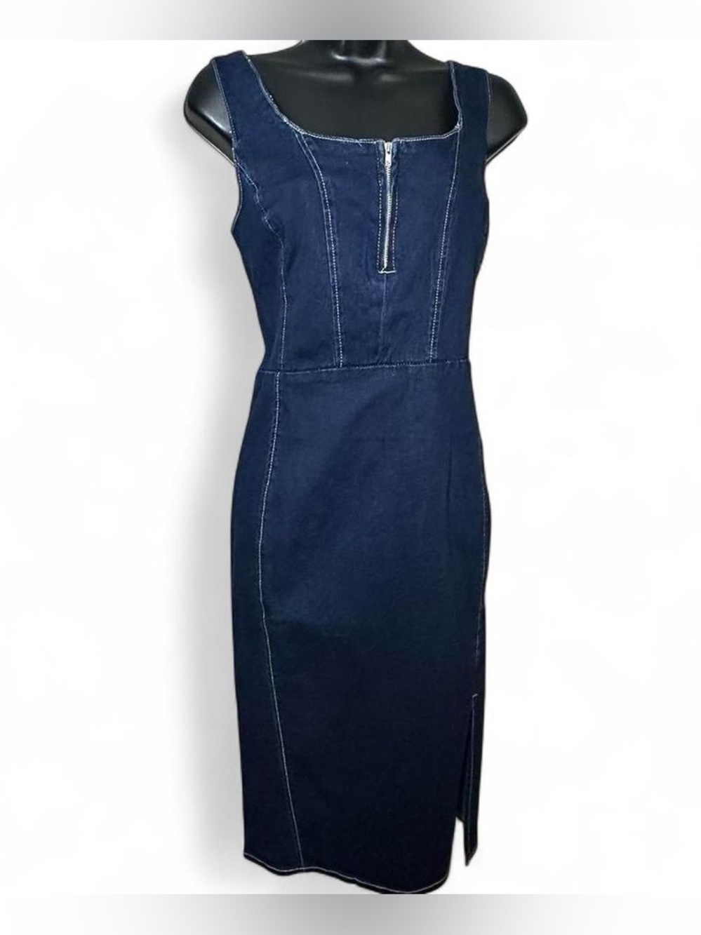 NWT Allegra K Dark Blue Denim Midi Dress with Adjustable Straps and Zipper Back